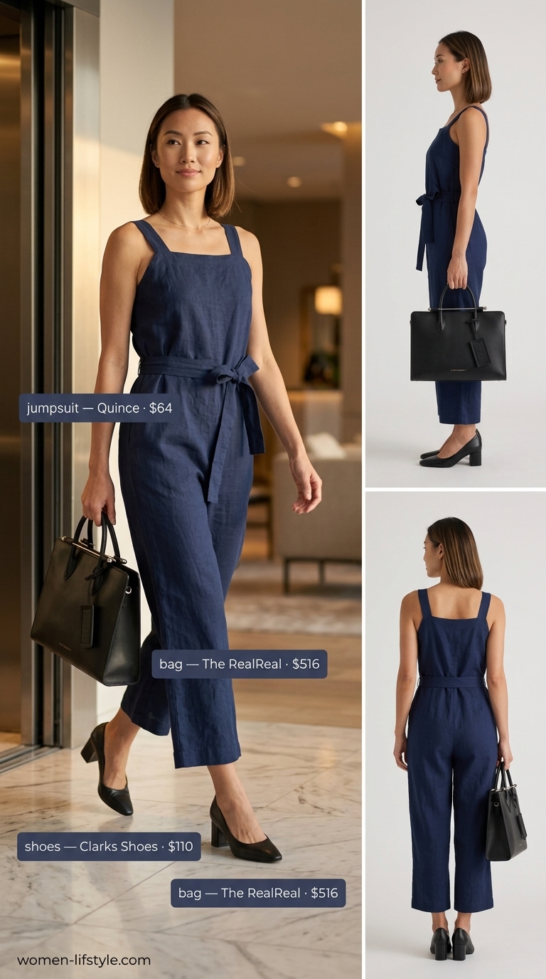 Professional summer linen jumpsuit outfits for women 2026: Navy tailored jumpsuit with white shirt & black pumps.