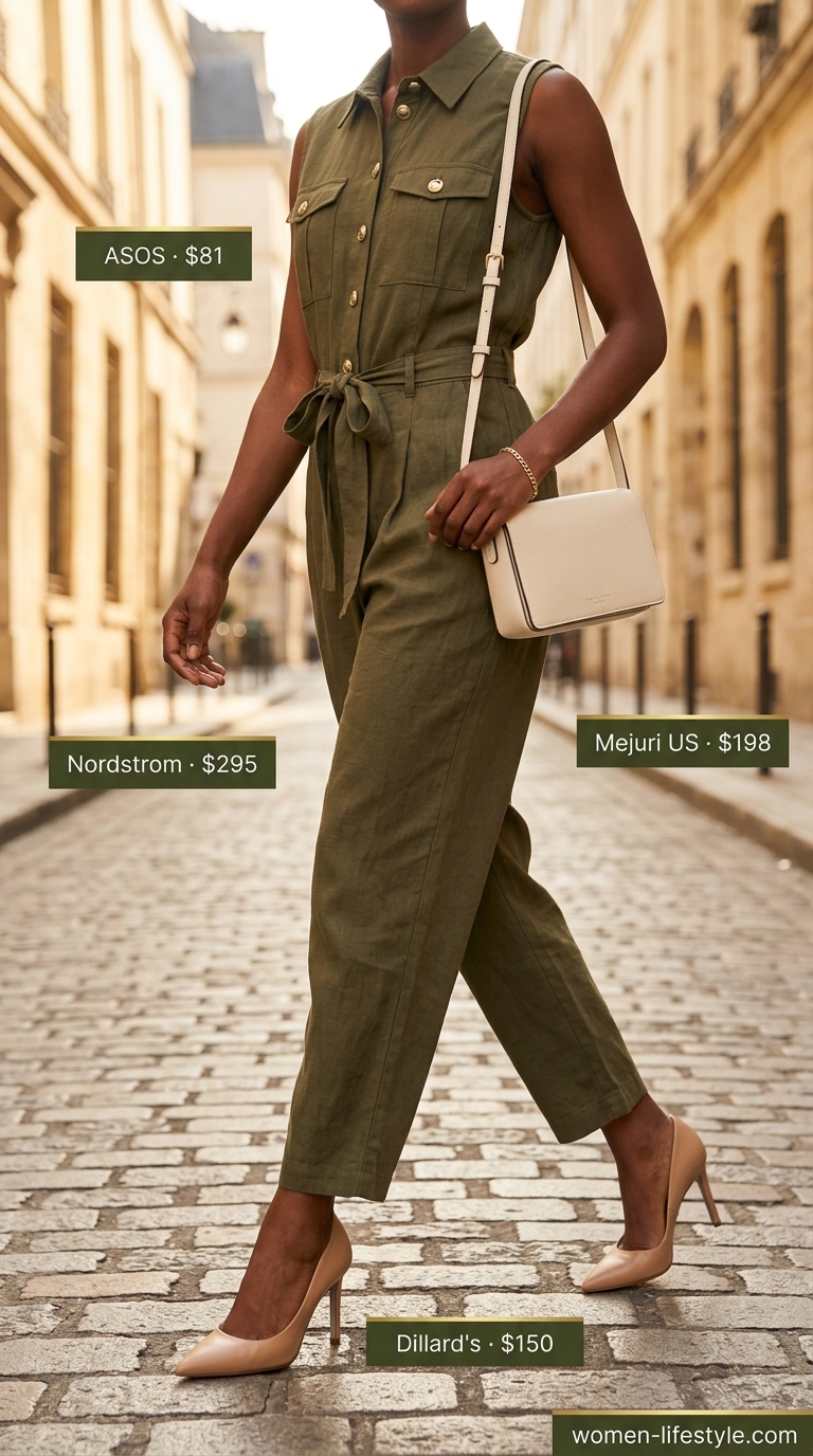 Chic summer linen jumpsuit outfits for women 2026: Olive utility jumpsuit with nude heels & gold jewelry.