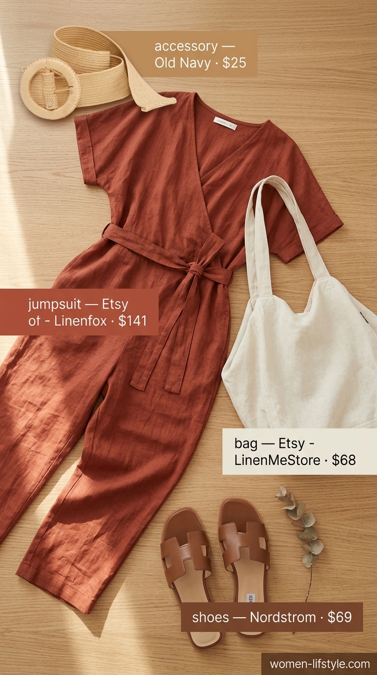 Effortless summer linen jumpsuit outfits for women 2026: Terracotta wrap jumpsuit with tan slides & cream tote.