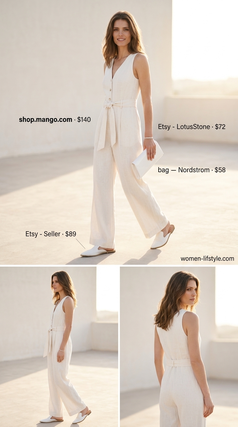 Elegant summer linen jumpsuit outfits for women 2026: White monochrome wide-leg jumpsuit with white mules.