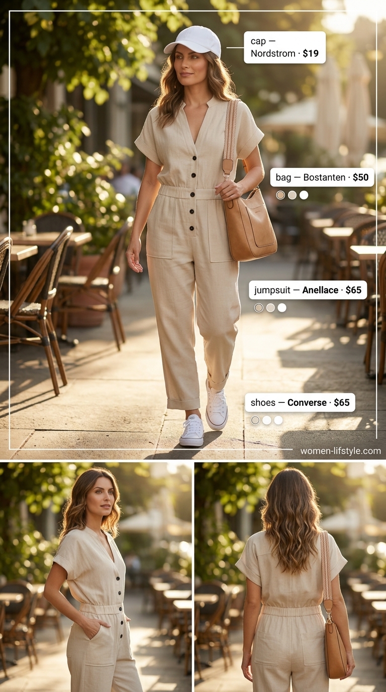 Casual beige linen jumpsuit with white sneakers and tan crossbody bag for women 2026 summer outfits.
