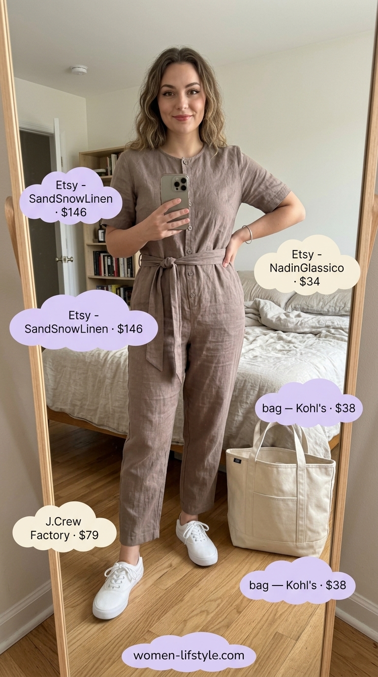 Natural beige linen jumpsuit with sneakers and canvas tote for women 2026 summer outfits.