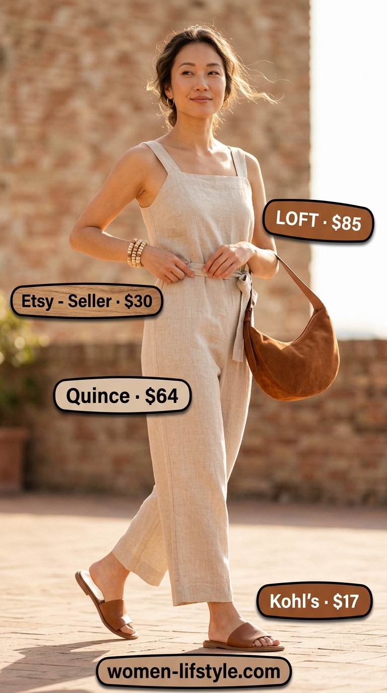 Beige linen lounge jumpsuit with slide sandals and hobo bag for women 2026 summer outfits.