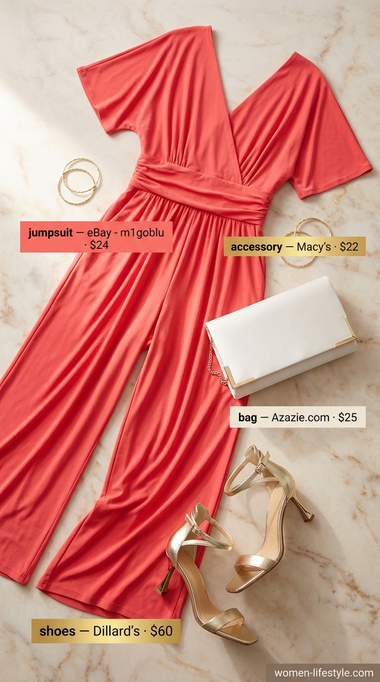 Coral wide-leg linen jumpsuit with metallic heels and gold bangles for women 2026 summer outfits.