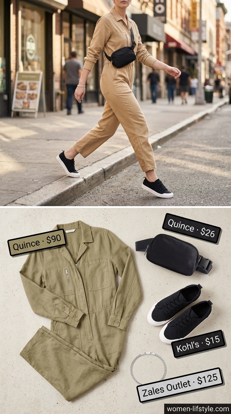 Khaki beige utility linen jumpsuit with black sneakers and belt bag for women 2026 summer outfits.
