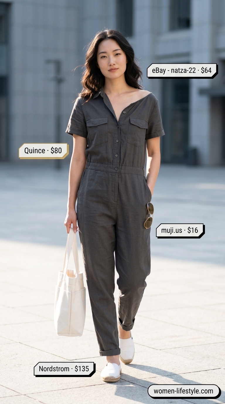 Navy blue linen jumpsuit with espadrilles and canvas tote for women 2026 summer outfits.