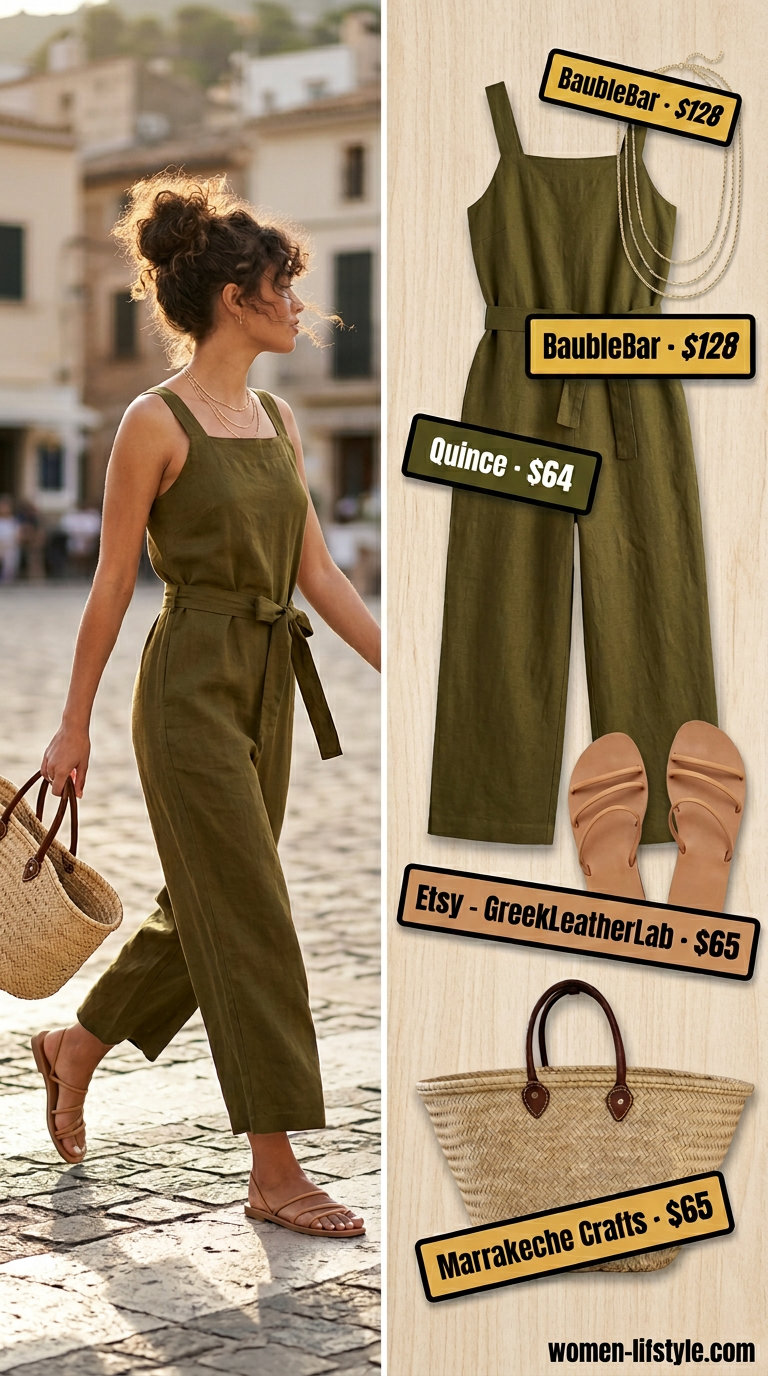 Olive green wide-leg linen jumpsuit with leather sandals and straw tote for women 2026 summer outfits.
