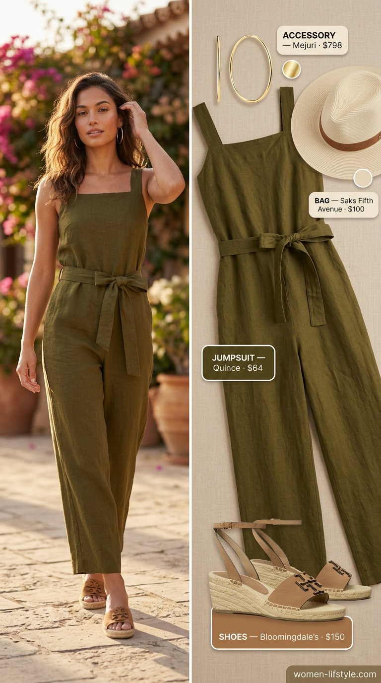 Olive green tailored linen jumpsuit with wedge espadrilles and straw fedora for women 2026 summer outfits.