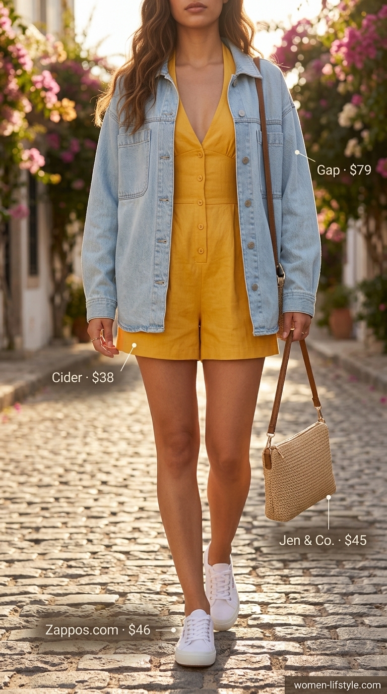Mustard yellow linen romper with denim jacket and white sneakers for women 2026 summer outfits.
