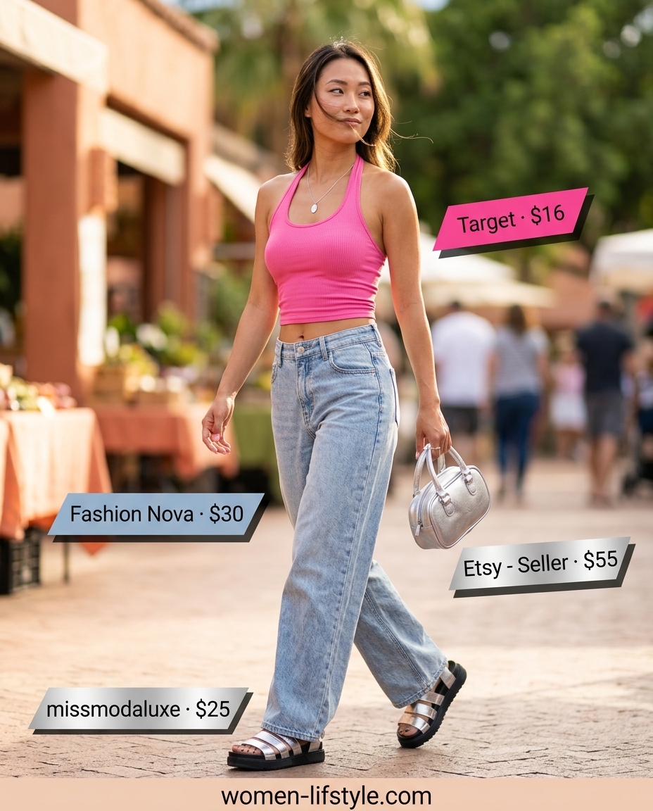 Hot pink cropped halter top with light wash low-waist jeans for women 2026, for a Y2K concert outfit.