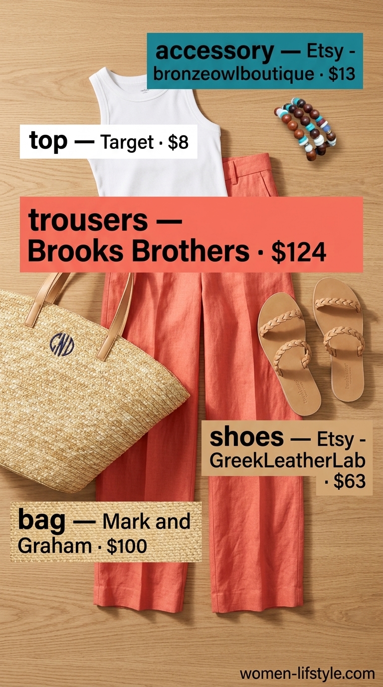 Coral low-waist linen trousers for women 2026, perfect for beach vacations and resort wear, styled with a white tank.