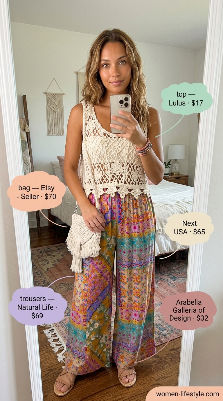 Boho summer low-waist trousers for women 2026 in floral print, paired with a cream crochet top and woven sandals.