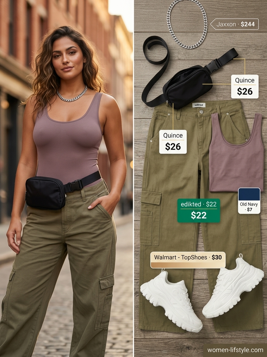 Olive green low-waist cargo trousers for women 2026, styled with a black bodysuit and chunky sneakers for urban exploration.