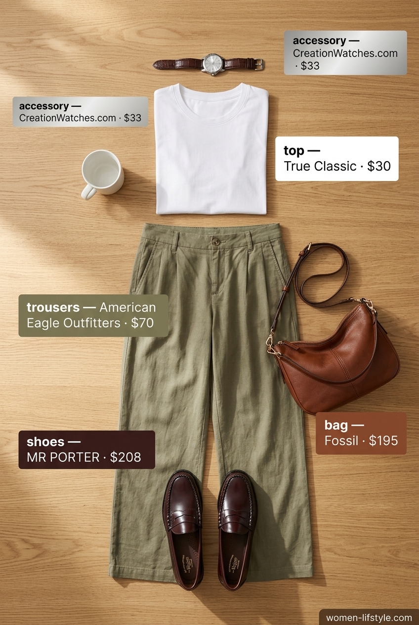 Olive green low-waist straight-leg trousers for women 2026, paired with a white tee and penny loafers for casual day out.