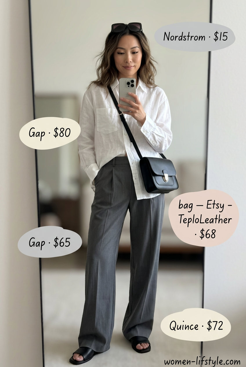 Soft grey low-waist tailored trousers for women 2026, styled with an oversized white linen shirt for casual Friday office.