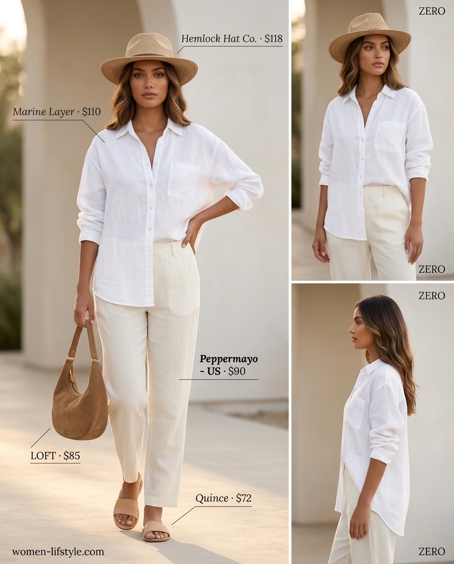 Chic ivory linen summer low-waist trousers for women 2026 with an oversized shirt and straw hat.