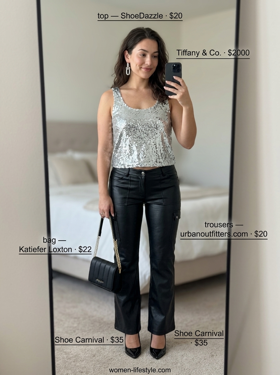 Edgy black summer low-waist trousers for women 2026 paired with a silver sequin crop top and heels.