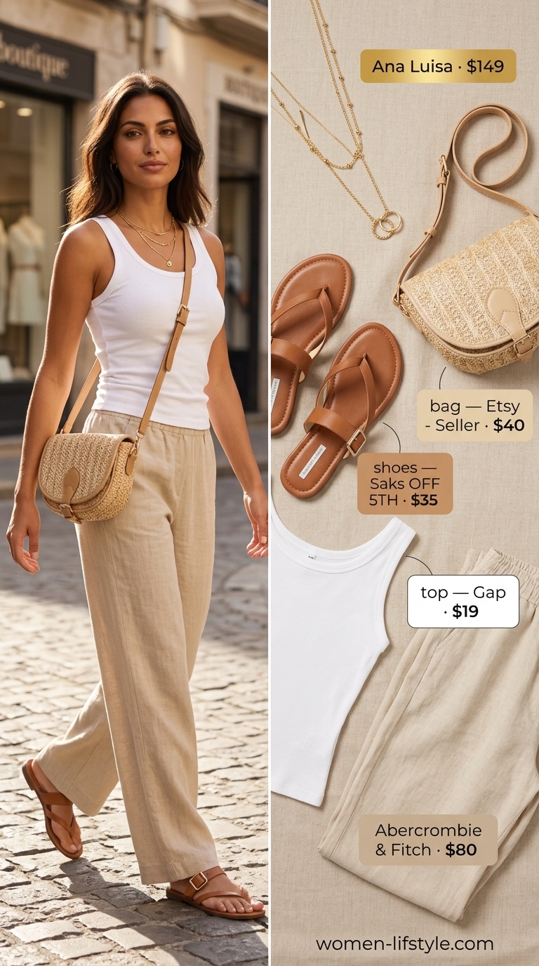 Natural linen low-waist wide-leg trousers for women 2026, styled with a white tank and sandals for effortless chic.