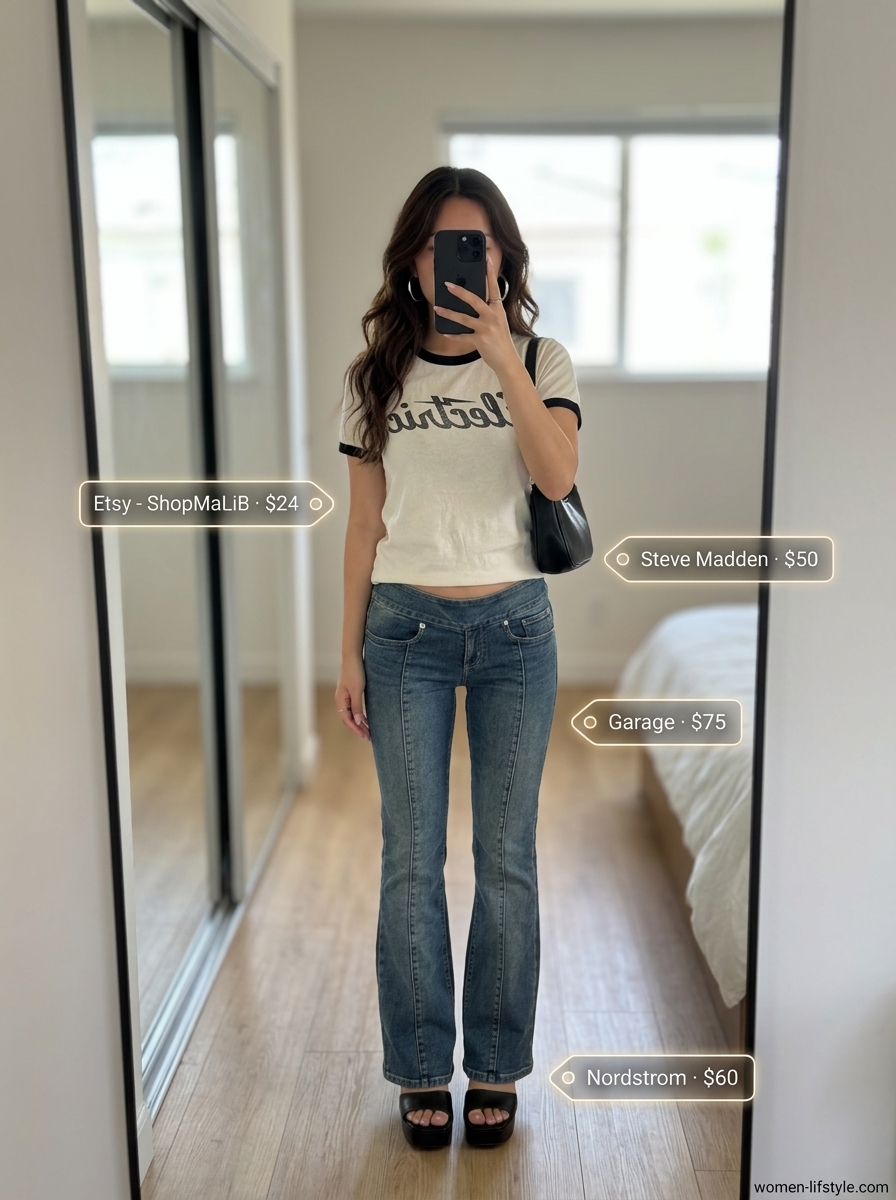 Retro summer low-waist flared denim trousers for women 2026 with a graphic tee and platform sandals.