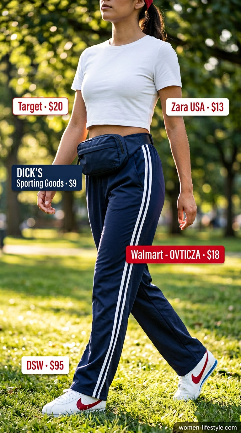 Retro sporty navy blue summer low-waist track trousers for women 2026 with a white crop top and sneakers.