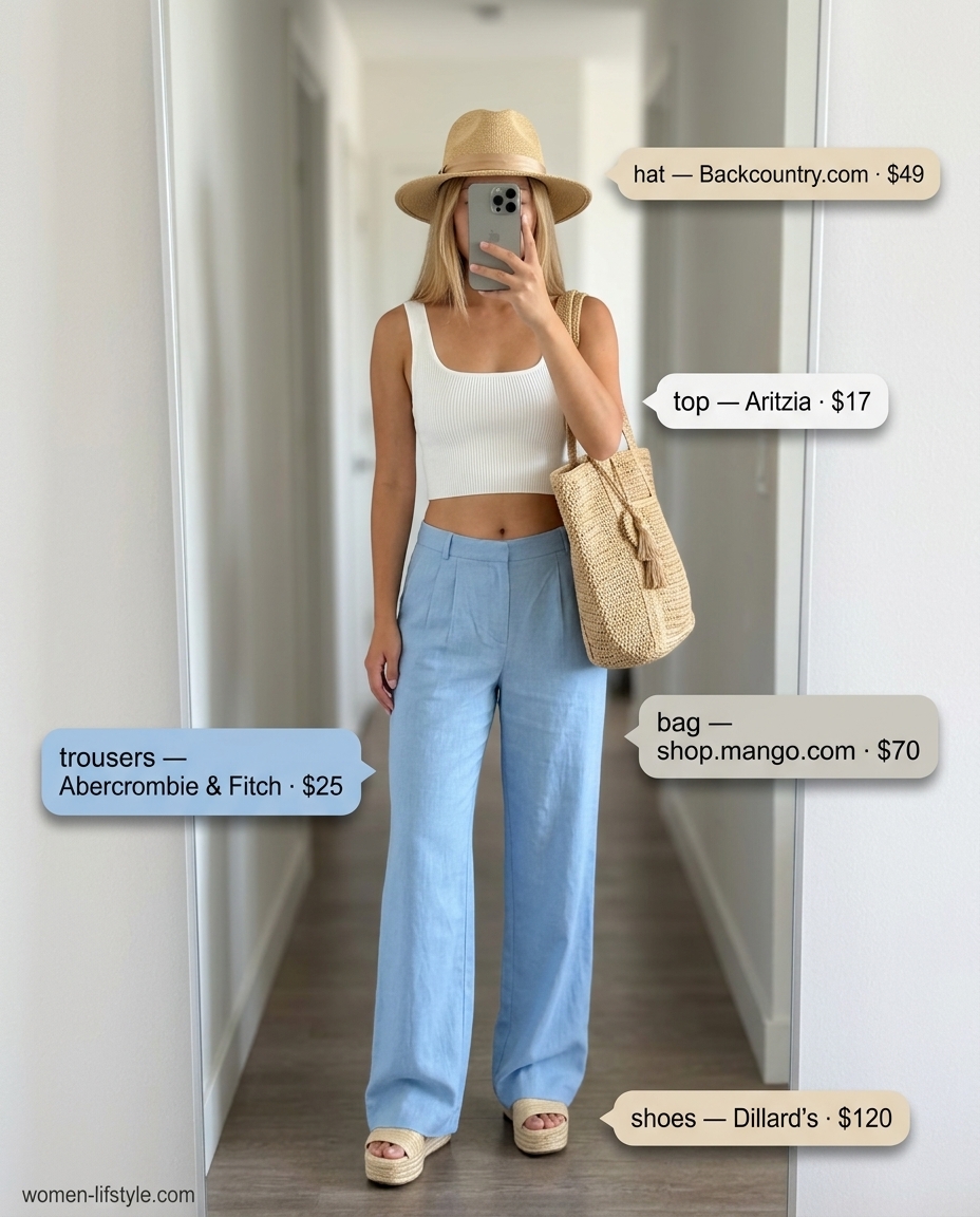Light and airy sky blue summer low-waist trousers for women 2026 with a white cropped tank and espadrilles.