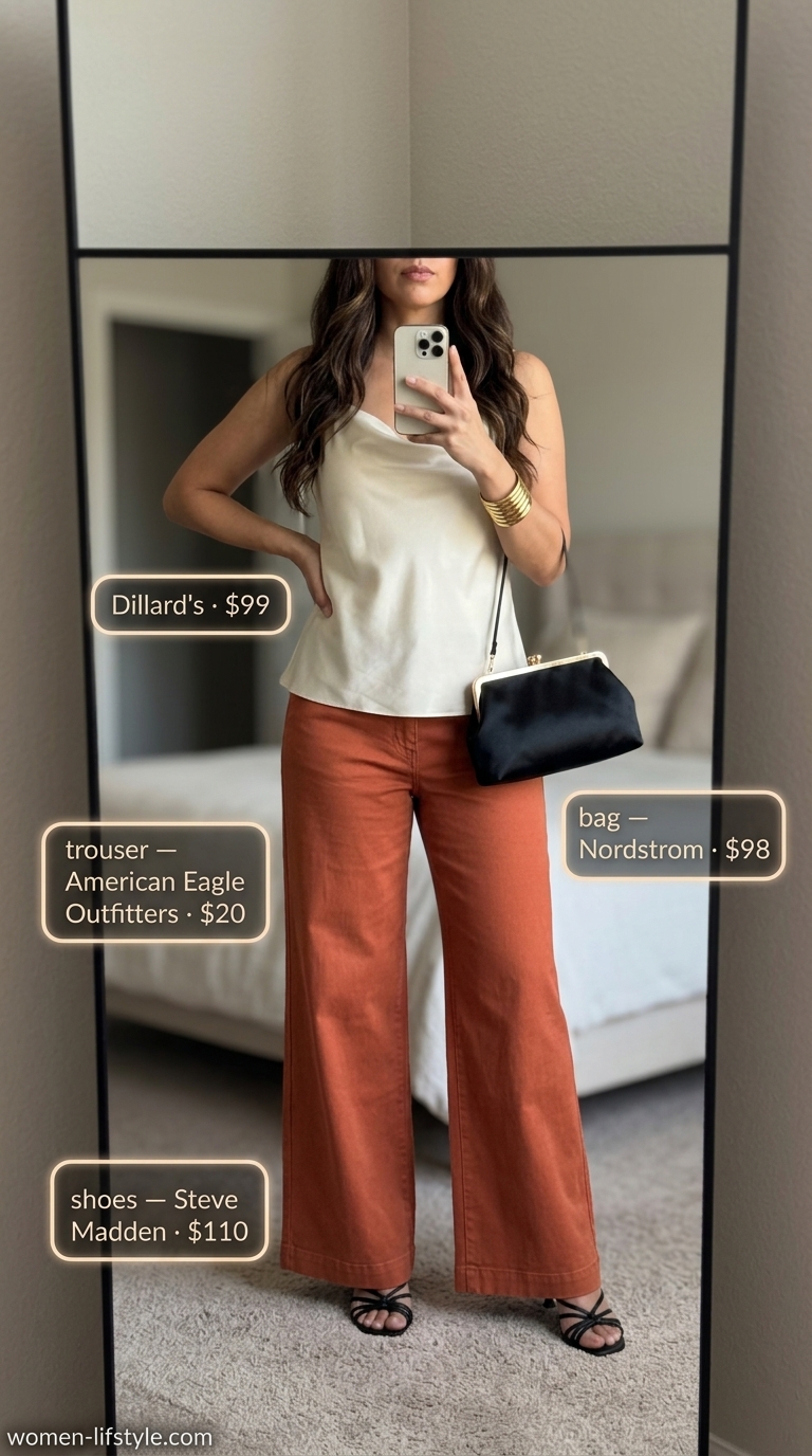 Sensual terracotta summer low-waist trousers for women 2026 with a cream camisole and gold accessories.