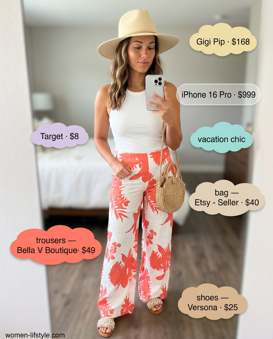 Coral print low-waist wide-leg trousers for women 2026, ideal for vacation sightseeing and summer travel.