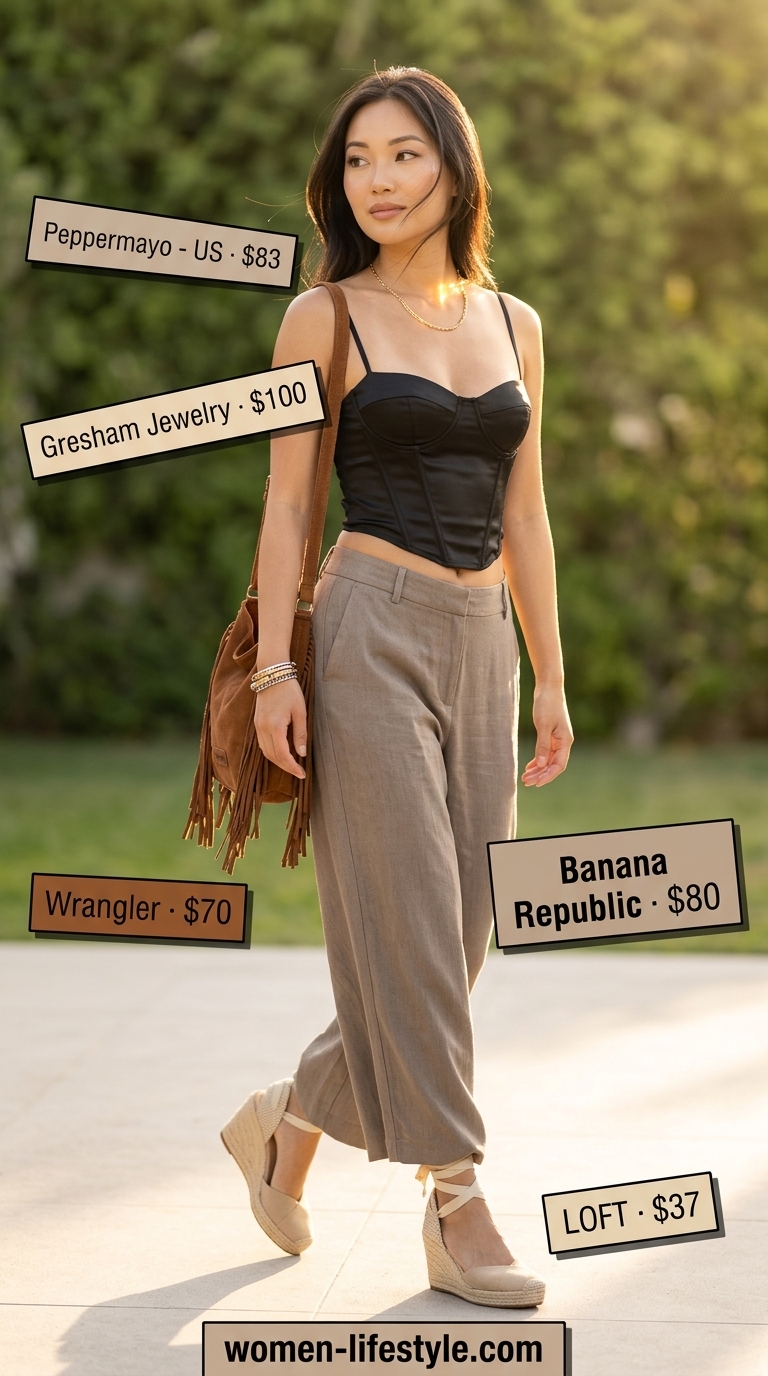 Boho maxi outfit featuring abstract print trousers, black corset top, and espadrilles. Low-waist trousers for women 2026.