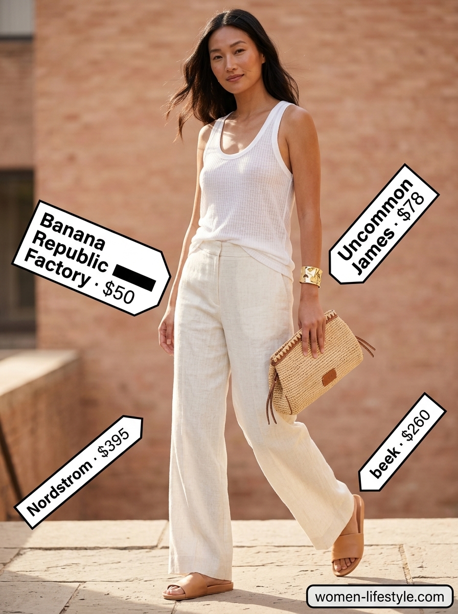 Elegant ivory linen set with wide-leg trousers and cropped tunic, perfect for summer events. Low-waist trousers for women 2026.