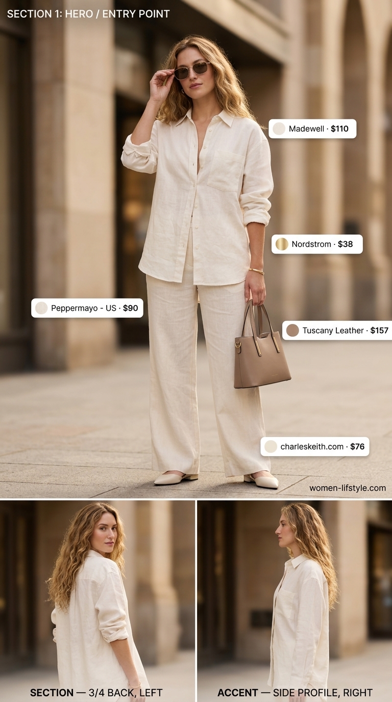 Cream linen low-waist trousers with an ivory linen shirt for a monochrome, sophisticated look. Low-waist trousers for women 2026.