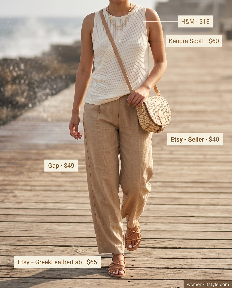 Beige linen low-waist trousers with a cream tank top and tan sandals for a relaxed beach outfit. Low-waist trousers for women 2026.