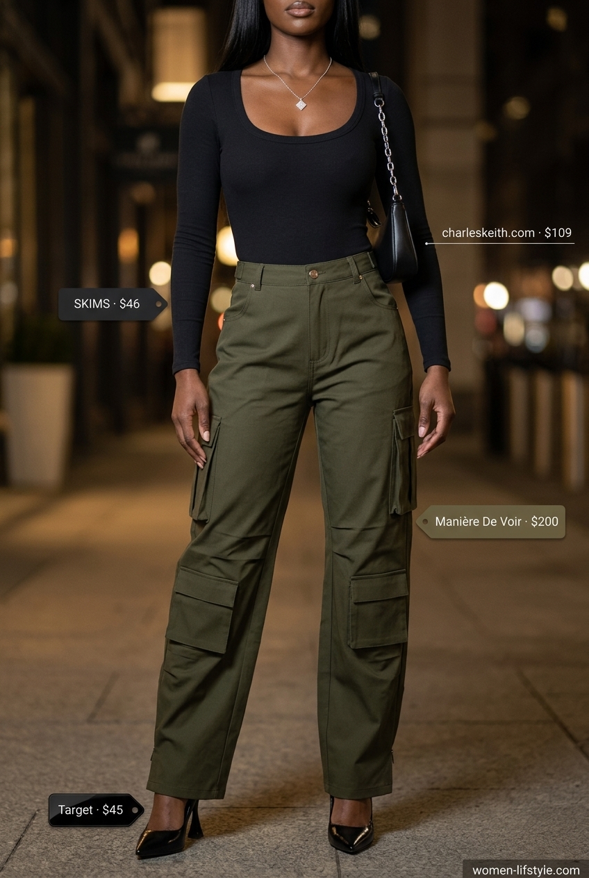 Chic olive green cargo trousers, black bodysuit, and silver heels for a night out. Low-waist trousers for women 2026.
