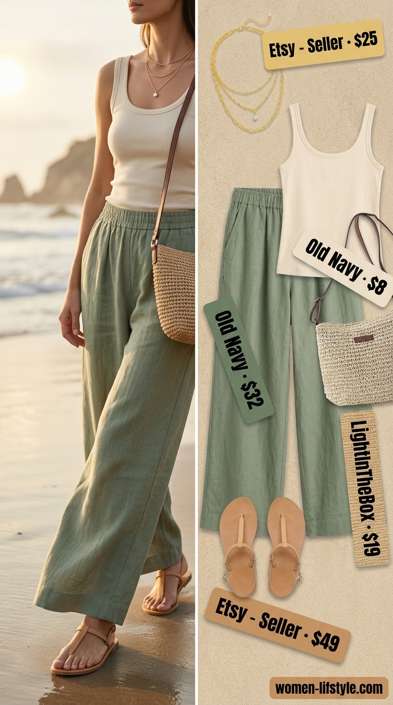 Sage green linen trousers, cream tank, and tan sandals for a relaxed summer outfit. Low-waist trousers for women 2026.