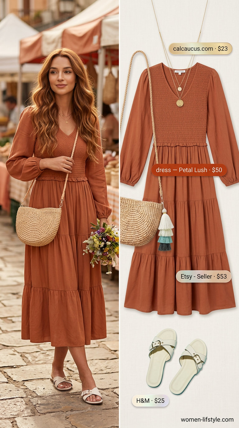 Bohemian summer midi dress outfits 2026: Terracotta crinkle cotton dress, layered gold necklaces, straw bag, and cream sandals.