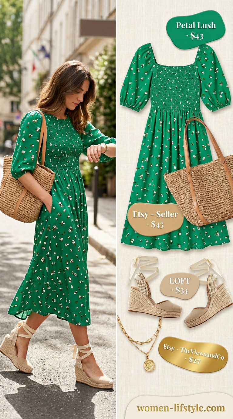 Bohemian Rhapsody: Olive green floral print midi dress for garden parties & festivals. Summer midi dress outfits 2026.