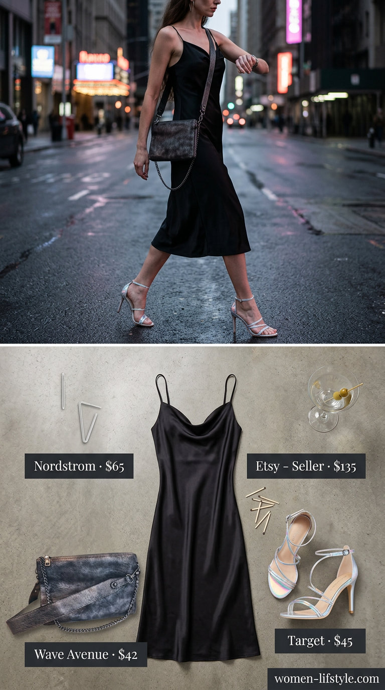 City Siren: Black satin slip midi dress for date nights & art gallery openings. Summer midi dress outfits 2026.