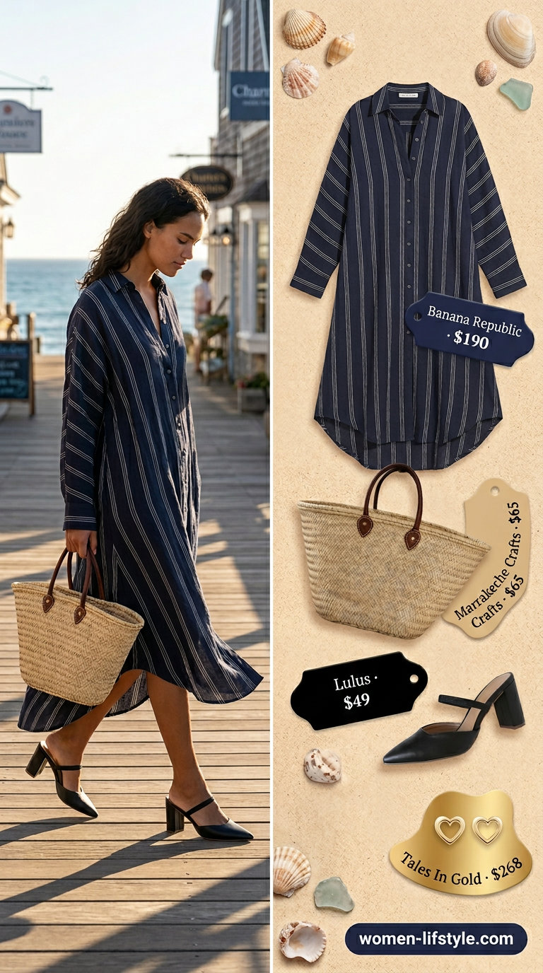 Coastal Escape: Navy & White stripe linen shirtdress outfit for beach vacation & casual lunch. Summer midi dress outfits 2026.