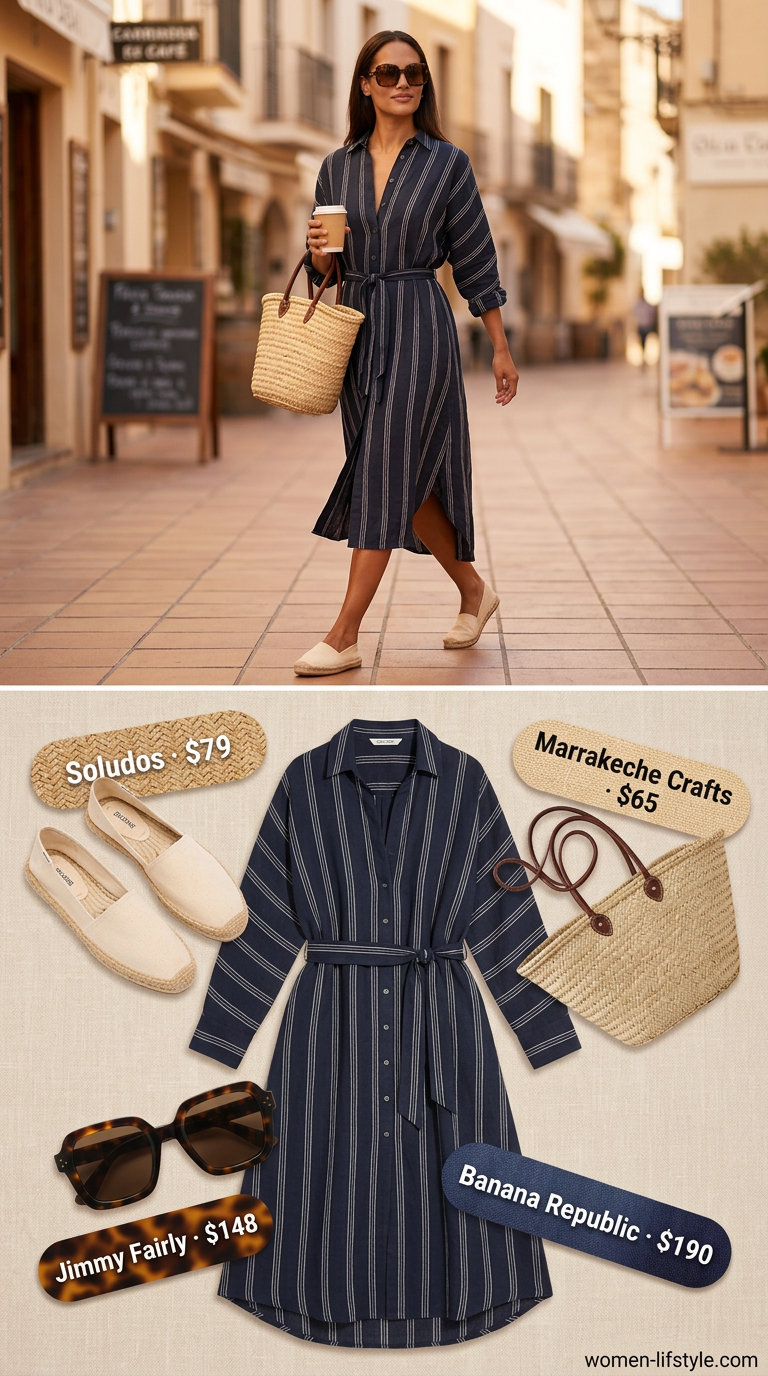 Coastal summer midi dress outfits 2026: Navy & white stripe shirt dress, espadrilles, straw tote, and tortoiseshell sunglasses.
