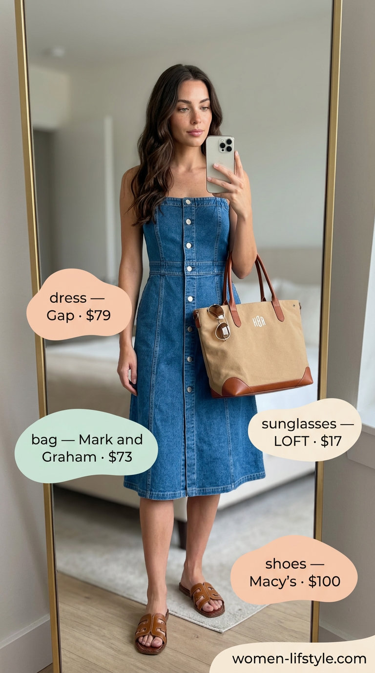 Light wash denim midi dress with tan slides, gold aviators, and a beige canvas tote for summer.