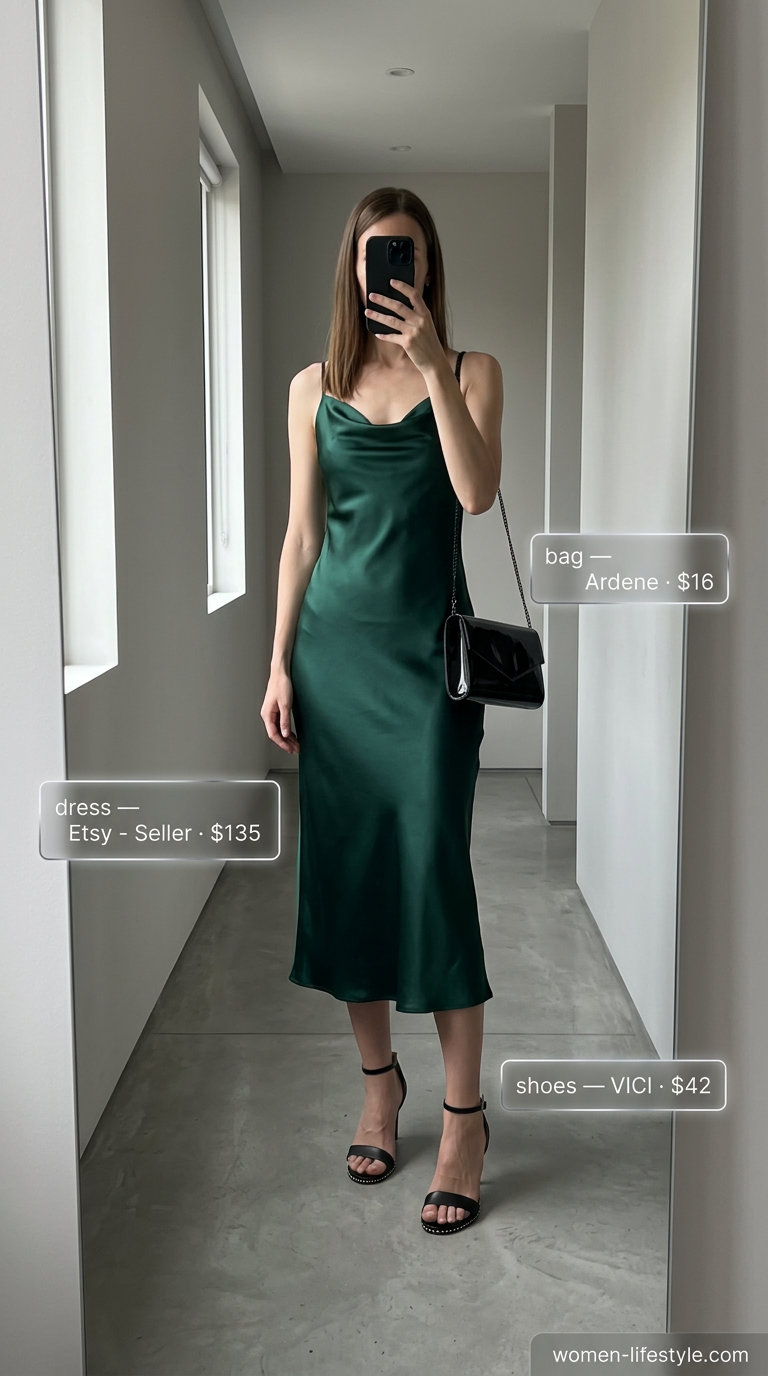 Emerald green satin midi dress with black strappy heels, silver earrings, and clutch for summer.