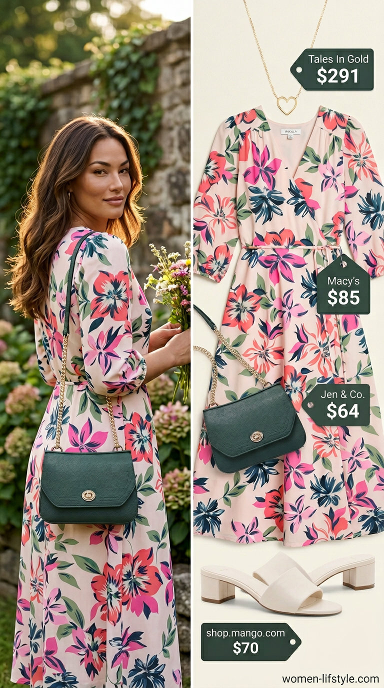 Garden party summer midi dress outfits 2026: Pink floral wrap dress, gold pendant necklace, cream sandals, and green crossbody bag.