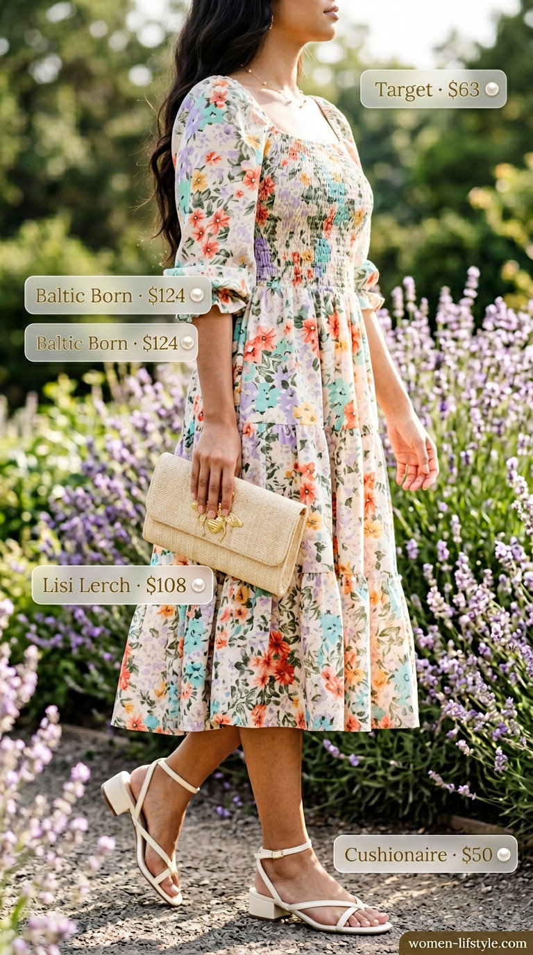 Lavender Haze: Flowy floral print midi dress for garden parties & bridal showers. Summer midi dress outfits 2026.