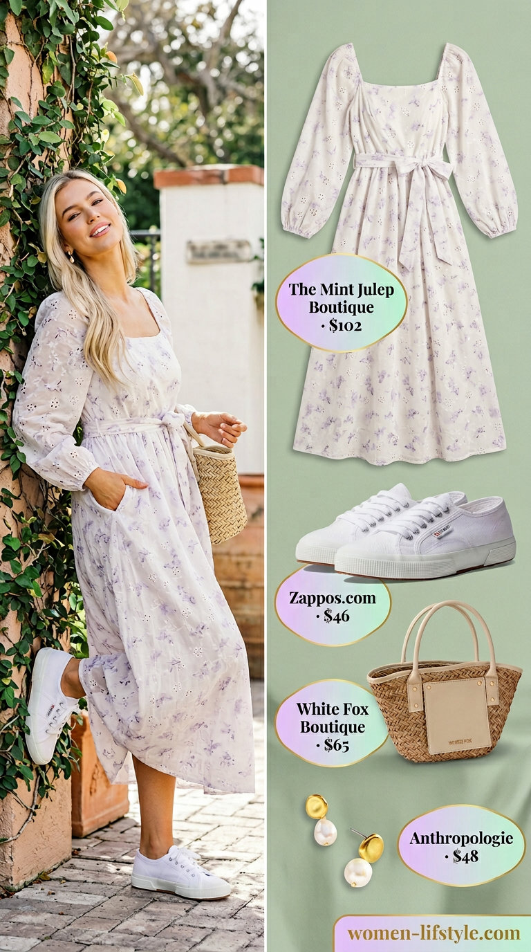 Lavender Haze Picnic: Floral eyelet midi dress for summer picnics & garden strolls. Summer midi dress outfits 2026.