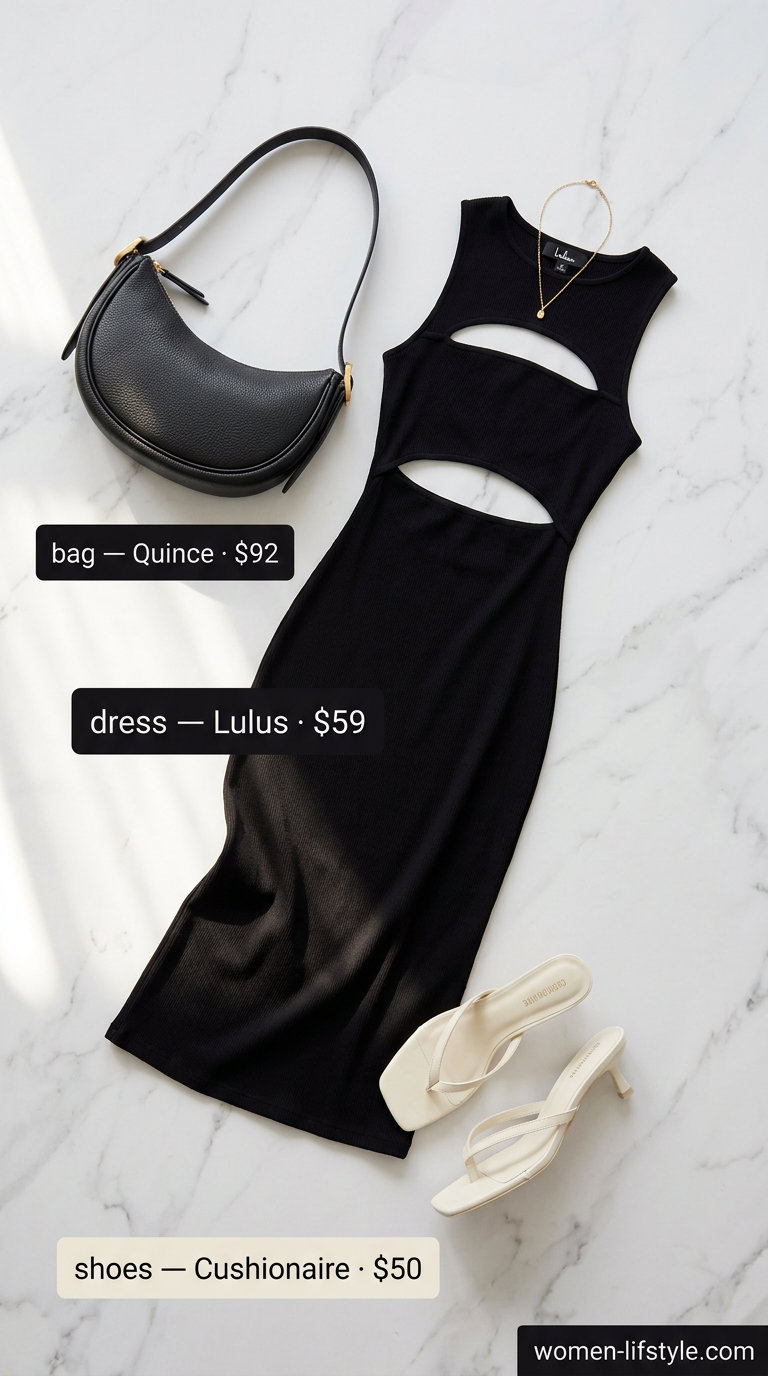 Black fitted midi dress with cream heeled sandals, gold necklace, and black crescent bag for summer.
