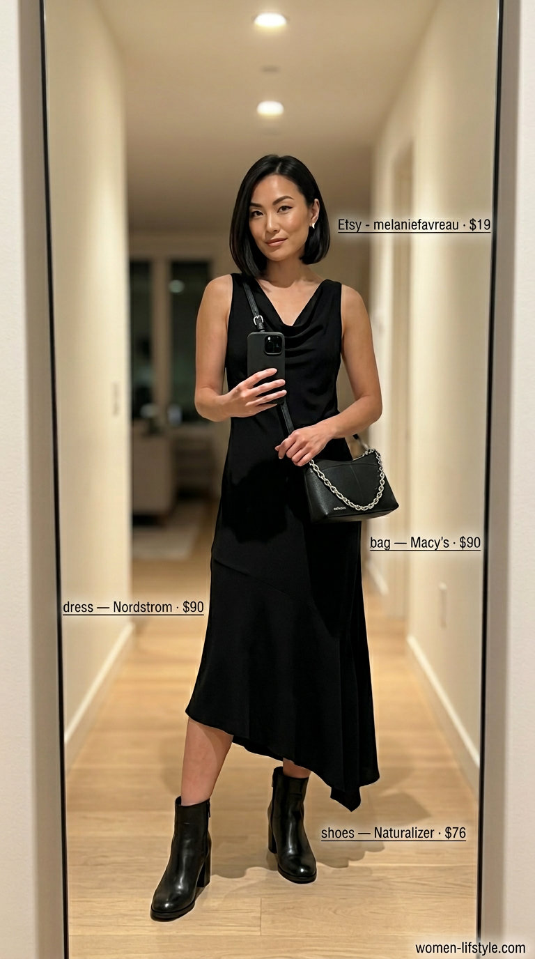 Monochrome summer midi dress outfits 2026: Black cowl neck midi dress, silver earrings, ankle boots, and crossbody bag.