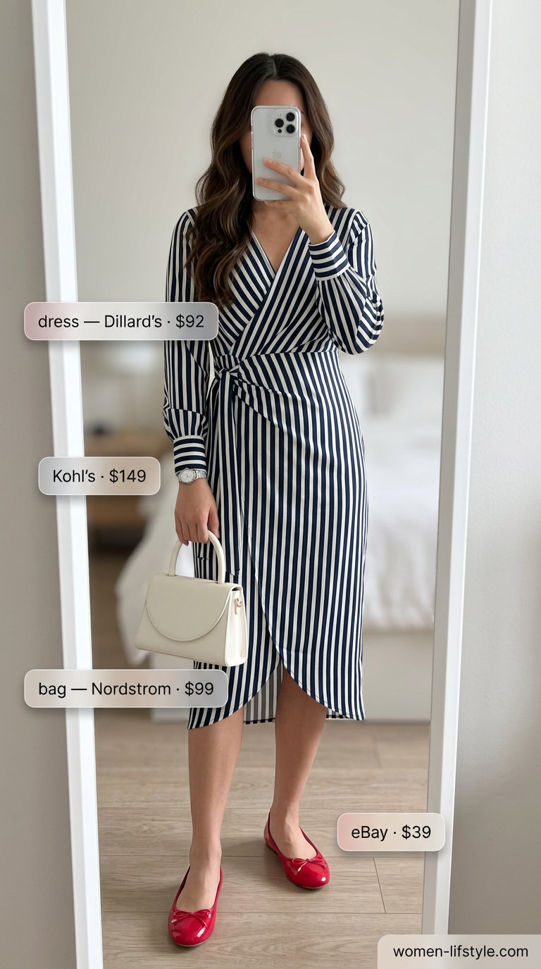 Nautical summer midi dress outfits 2026: Navy & white stripe wrap dress, red ballet flats, white top-handle bag, and silver watch.