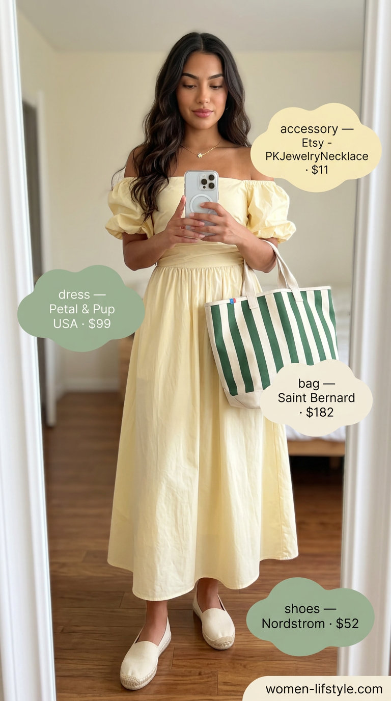 Butter yellow smocked midi dress with white espadrilles, gold necklace, and sage green tote for summer.