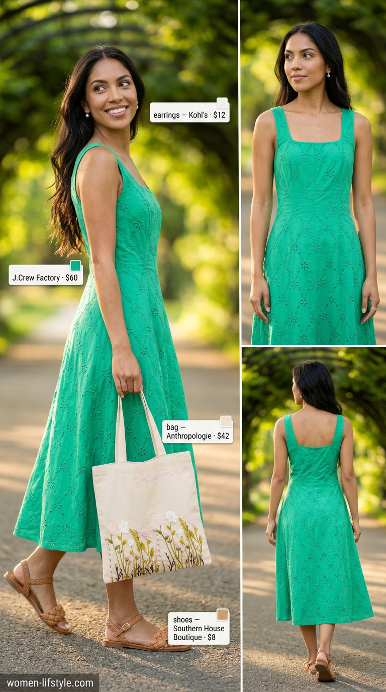 Summer midi dress outfits 2026: Mint green eyelet dress with puff sleeves, pearl earrings, and tan sandals for a picnic.