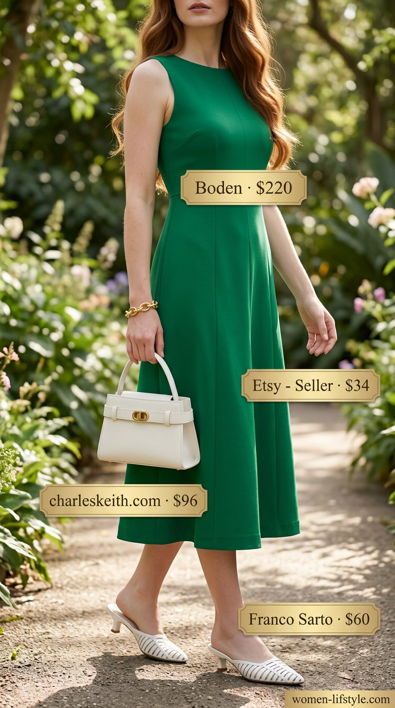 Geometric print midi dress with white mules, straw bag, and gold bracelet for summer.