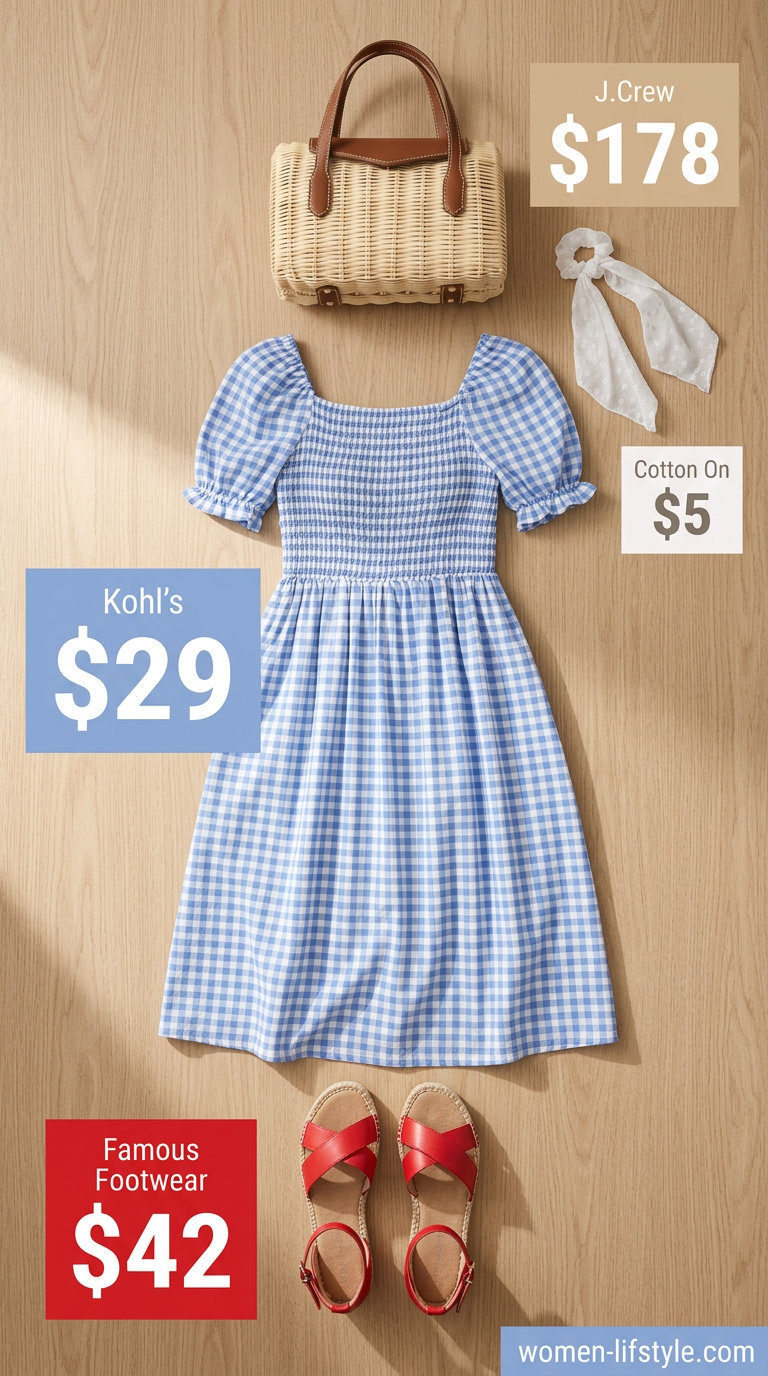 Retro summer midi dress outfits 2026: Blue gingham smocked dress, red espadrilles, wicker basket bag, and scrunchie.